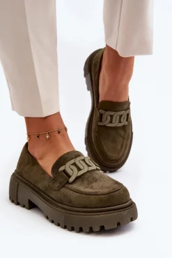Mokasyny Damskie Z Łańcuchem Ciemnozielone Mevre