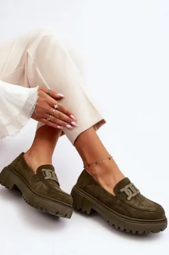 Mokasyny Damskie Z Łańcuchem Ciemnozielone Mevre