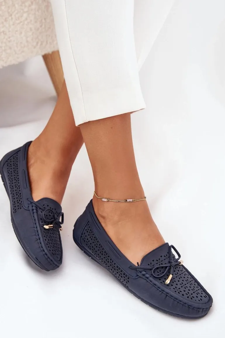 Mokasyny Damskie Z Ażurowym Wzorem I Wiązaniem Granatowe Mirisa