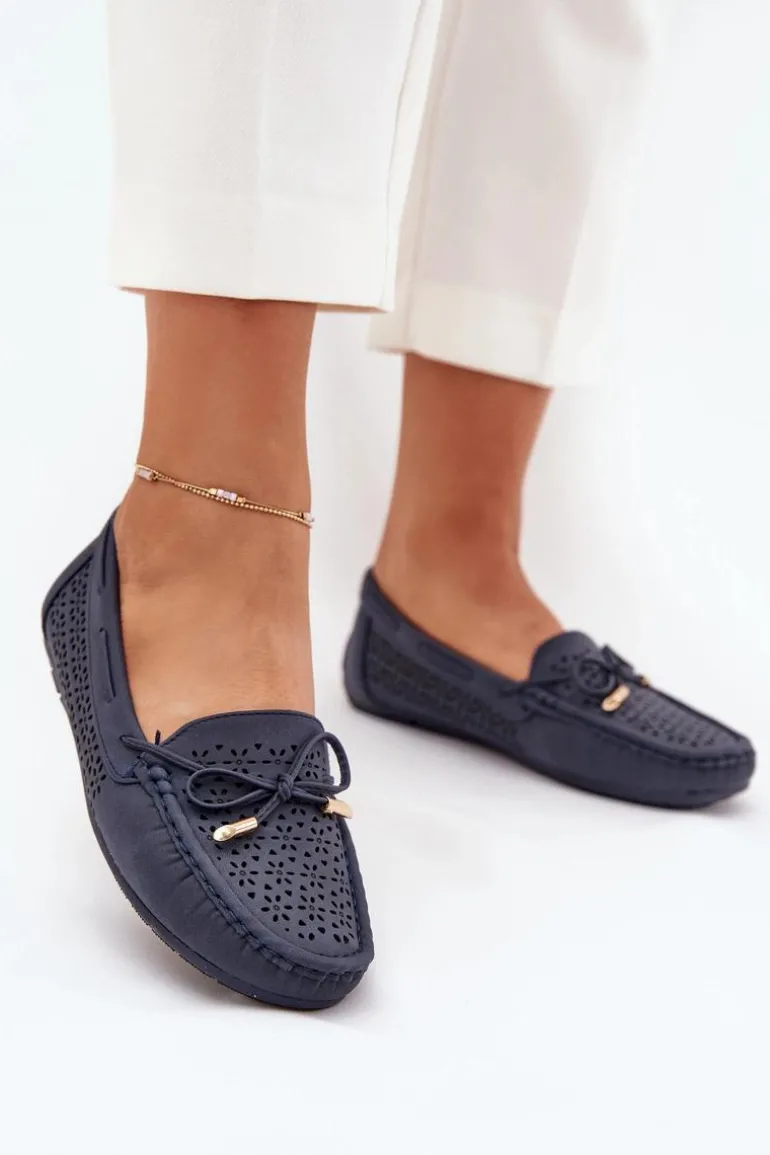 Mokasyny Damskie Z Ażurowym Wzorem I Wiązaniem Granatowe Mirisa