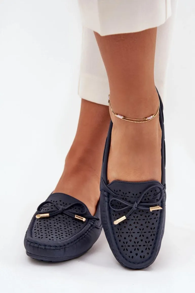 Mokasyny Damskie Z Ażurowym Wzorem I Wiązaniem Granatowe Mirisa