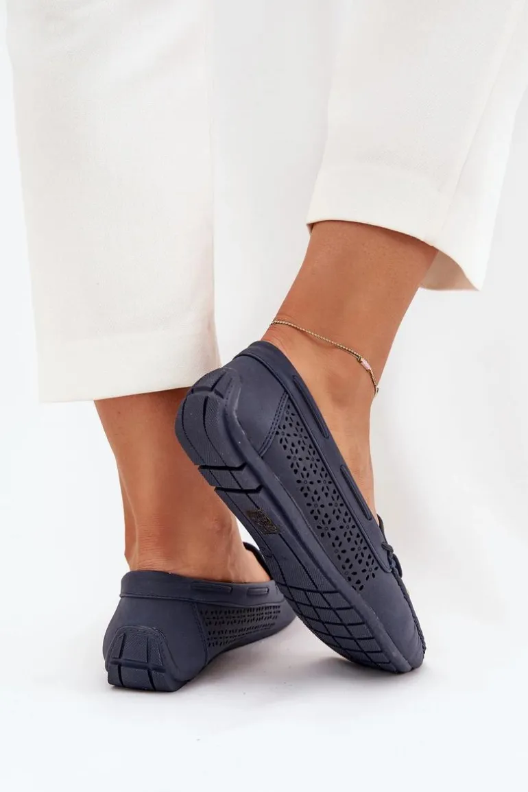 Mokasyny Damskie Z Ażurowym Wzorem I Wiązaniem Granatowe Mirisa