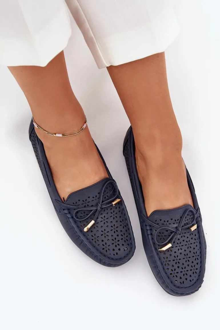 Mokasyny Damskie Z Ażurowym Wzorem I Wiązaniem Granatowe Mirisa