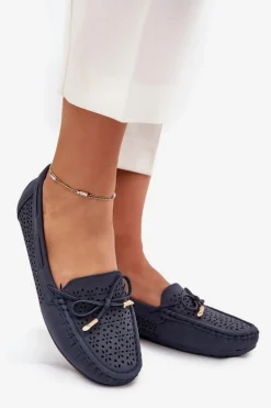 Mokasyny Damskie Z Ażurowym Wzorem I Wiązaniem Granatowe Mirisa