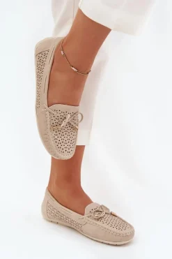 Mokasyny Damskie Z Ażurowym Wzorem I Wiązaniem Beżowe Mirisa
