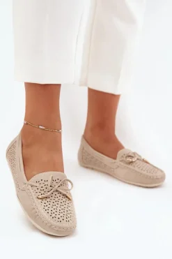 Mokasyny Damskie Z Ażurowym Wzorem I Wiązaniem Beżowe Mirisa
