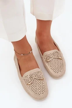 Mokasyny Damskie Z Ażurowym Wzorem I Wiązaniem Beżowe Mirisa