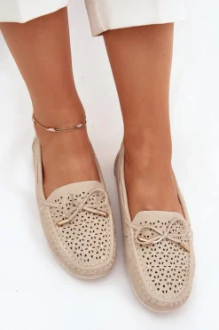 Mokasyny Damskie Z Ażurowym Wzorem I Wiązaniem Beżowe Mirisa