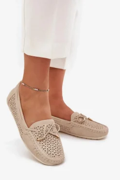 Mokasyny Damskie Z Ażurowym Wzorem I Wiązaniem Beżowe Mirisa