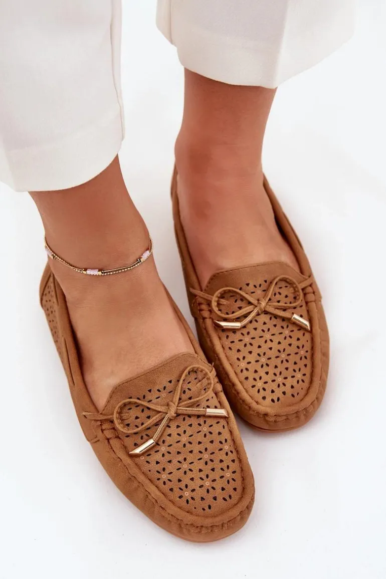 Mokasyny Damskie Z Ażurowym Wzorem I Wiązaniem Camel Mirisa