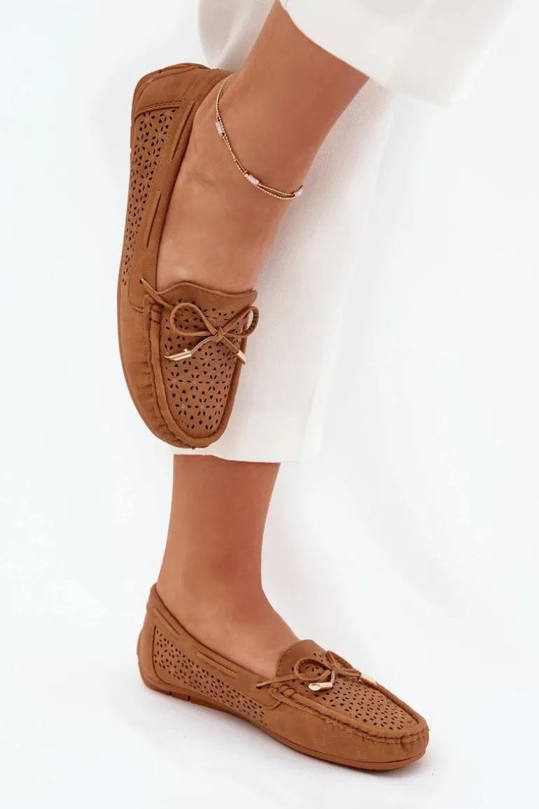 Mokasyny Damskie Z Ażurowym Wzorem I Wiązaniem Camel Mirisa