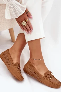 Mokasyny Damskie Z Ażurowym Wzorem I Wiązaniem Camel Mirisa