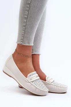 Mokasyny Damskie Z Ażurowym Wzorem Eko Skóry Zgaszona Białe Nassnema