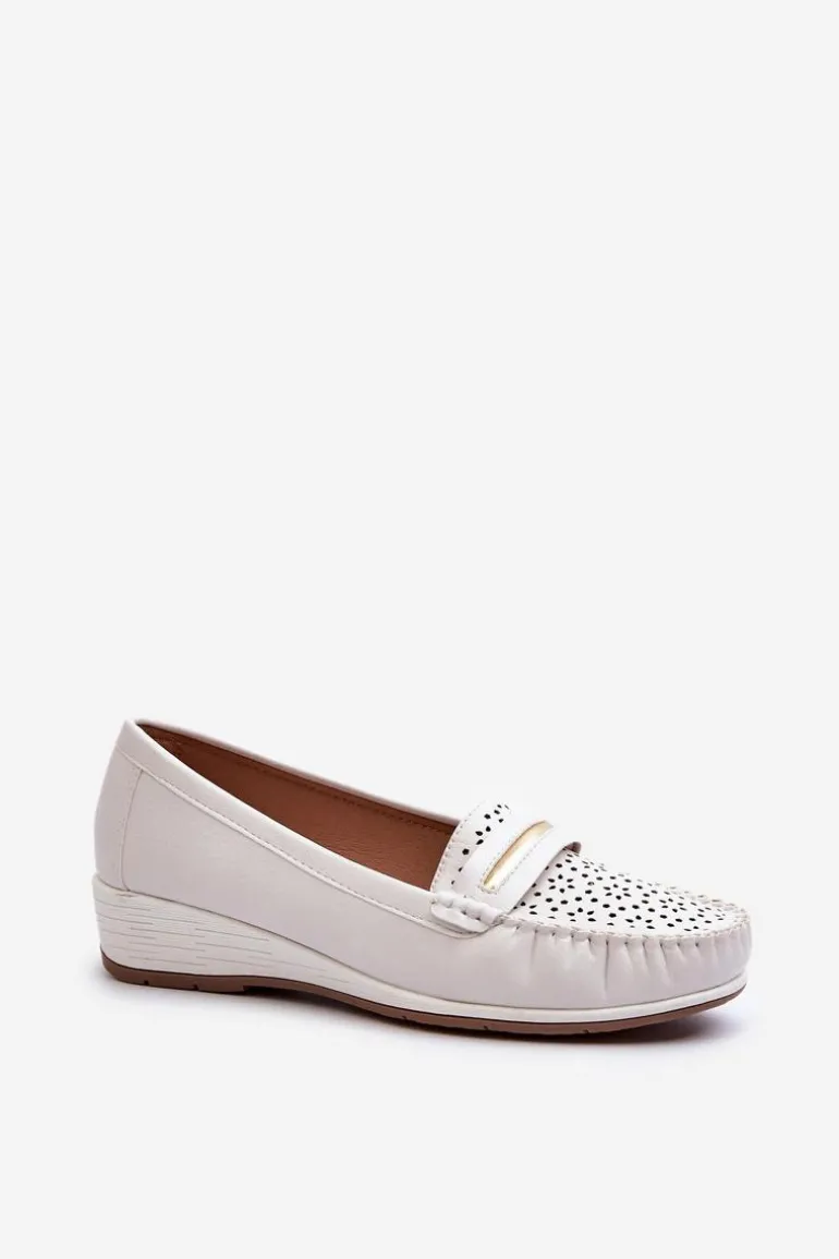 Mokasyny Damskie Z Ażurowym Wzorem Eko Skóry Zgaszona Białe Nassnema