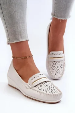 Mokasyny Damskie Z Ażurowym Wzorem Eko Skóry Zgaszona Białe Nassnema