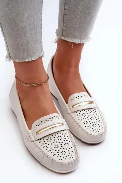 Mokasyny Damskie Z Ażurowym Wzorem Eko Skóry Zgaszona Białe Nassnema