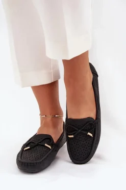 Mokasyny Damskie Z Ażurowym Wzorem I Wiązaniem Czarne Mirisa