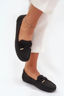 Mokasyny Damskie Z Ażurowym Wzorem I Wiązaniem Czarne Mirisa