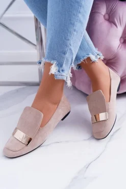 Mokasyny Damskie Z Blaszką Złote Lordsy Beż Lu Boo Harlem