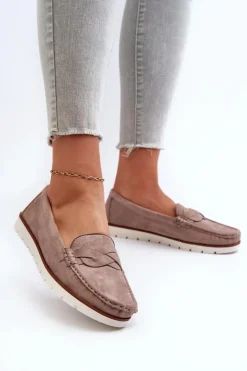 Mokasyny Damskie Z Eko Zamszu Ciemnobeżowe Nestalia