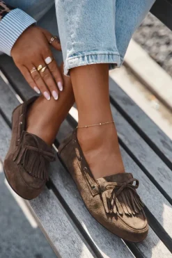 Mokasyny Damskie Z Frędzlami I Kokardką Ciemnozielone Olivianne