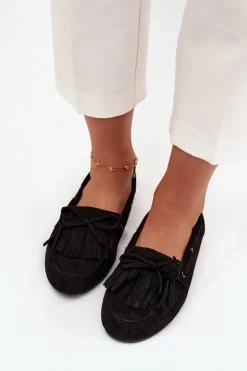 Mokasyny Damskie Z Frędzlami I Kokardką Czarne Olivianne