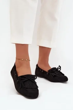Mokasyny Damskie Z Frędzlami I Kokardką Czarne Olivianne
