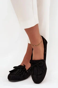 Mokasyny Damskie Z Frędzlami I Kokardką Czarne Olivianne