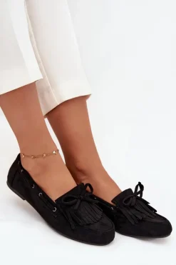 Mokasyny Damskie Z Frędzlami I Kokardką Czarne Olivianne