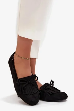 Mokasyny Damskie Z Frędzlami I Kokardką Czarne Olivianne