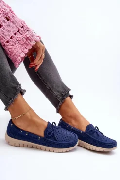 Mokasyny Damskie Z Kokardą Granatowe Reece