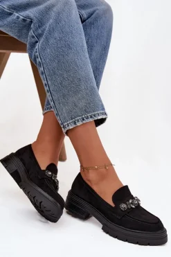 Mokasyny Damskie Z Kryształkami Eko Zamszowe Czarne Lavisse