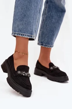 Mokasyny Damskie Z Kryształkami Eko Zamszowe Czarne Lavisse