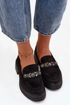 Mokasyny Damskie Z Kryształkami Eko Zamszowe Czarne Lavisse