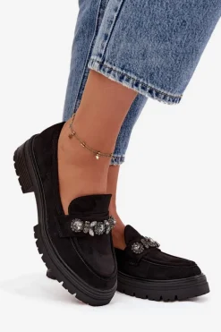 Mokasyny Damskie Z Kryształkami Eko Zamszowe Czarne Lavisse