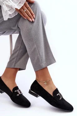 Mokasyny Damskie Z Ozdobą Czarne Camilena - Zamsz