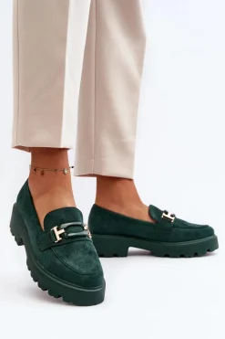 Mokasyny Damskie Z Ozdobą Ciemnozielone Omavia
