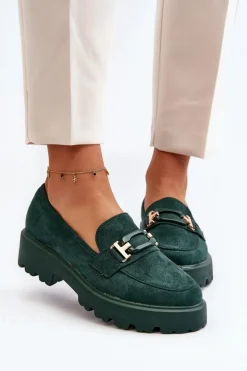 Mokasyny Damskie Z Ozdobą Ciemnozielone Omavia