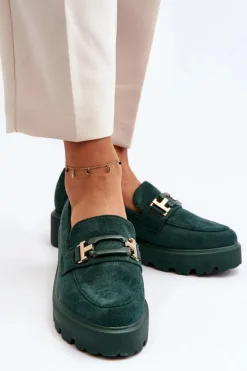 Mokasyny Damskie Z Ozdobą Ciemnozielone Omavia