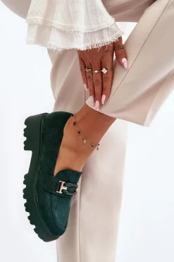 Mokasyny Damskie Z Ozdobą Ciemnozielone Omavia