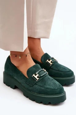 Mokasyny Damskie Z Ozdobą Ciemnozielone Omavia