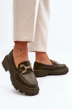 Mokasyny Damskie Z Ozdobą Ciemnozielone Gargi