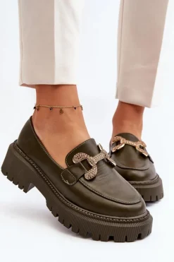 Mokasyny Damskie Z Ozdobą Ciemnozielone Gargi