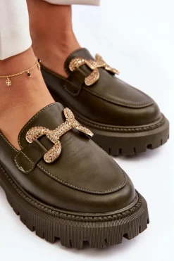 Mokasyny Damskie Z Ozdobą Ciemnozielone Gargi