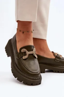 Mokasyny Damskie Z Ozdobą Ciemnozielone Gargi