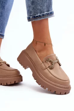 Mokasyny Damskie Z Ozdobą Ciemnobeżowe Gargi