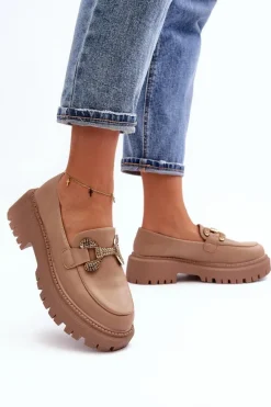 Mokasyny Damskie Z Ozdobą Ciemnobeżowe Gargi