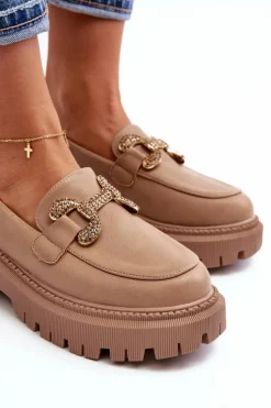 Mokasyny Damskie Z Ozdobą Ciemnobeżowe Gargi