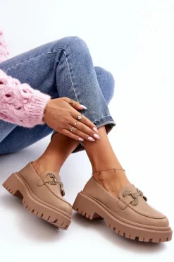 Mokasyny Damskie Z Ozdobą Ciemnobeżowe Gargi