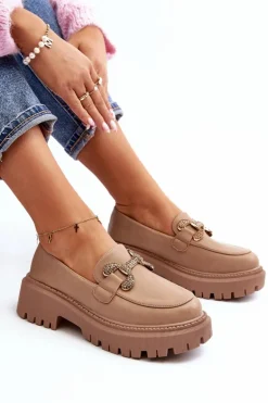 Mokasyny Damskie Z Ozdobą Ciemnobeżowe Gargi